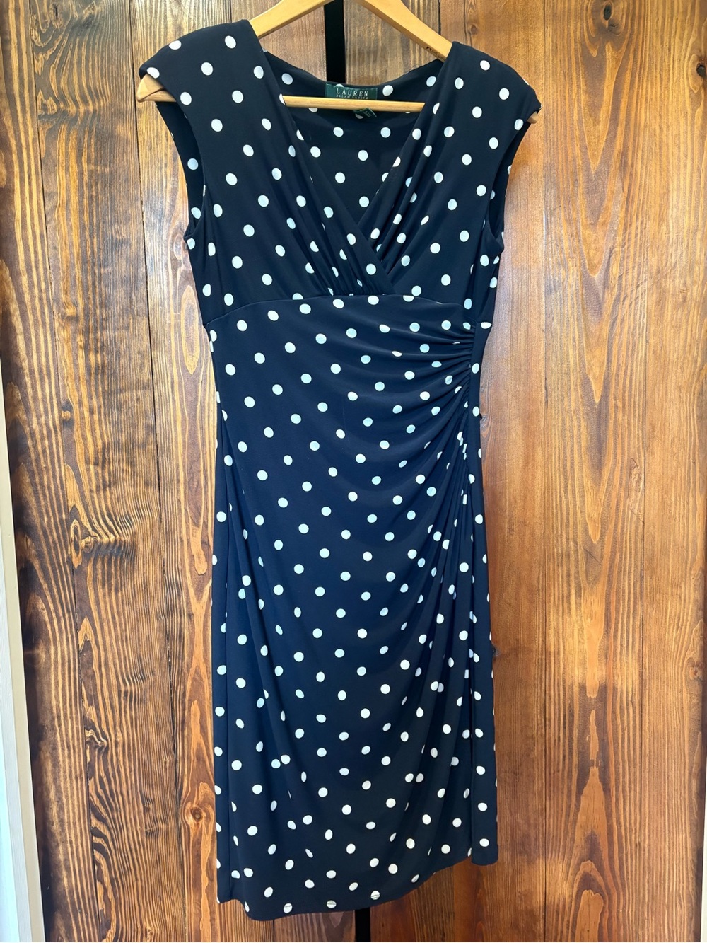 Lauren Ralph Lauren Sleeveless Faux Wrap Polka Dot Dress - Navy & White Size 2